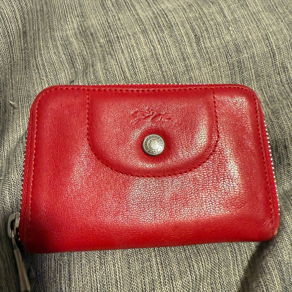 Longchamp Red Leather zip card case coin purse Wallet
